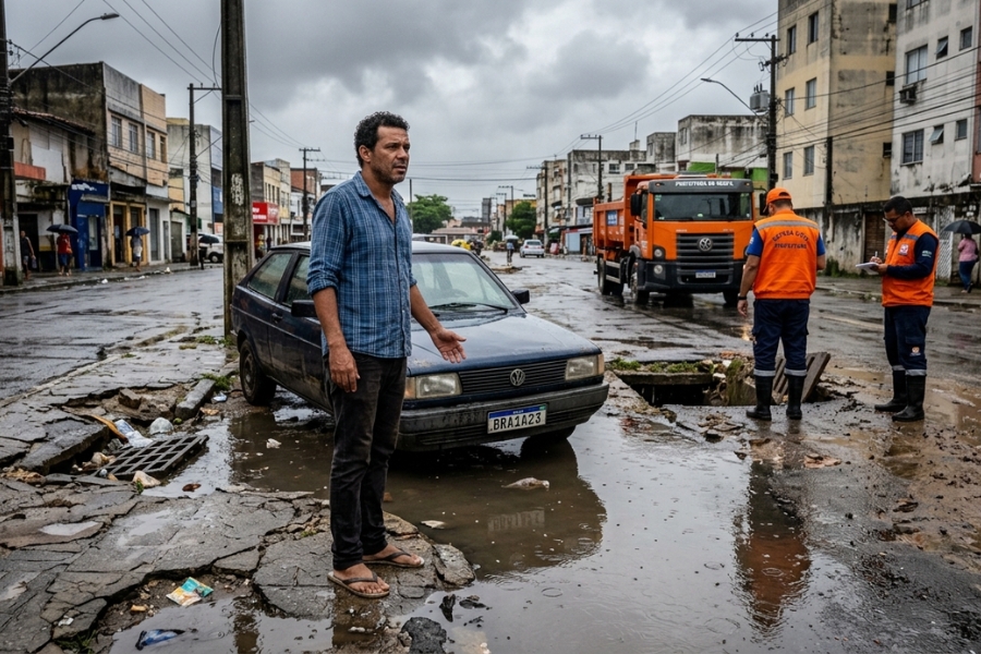 Cidadão observa danos causados por alagamento urbano após falha da prefeitura na manutenção pública