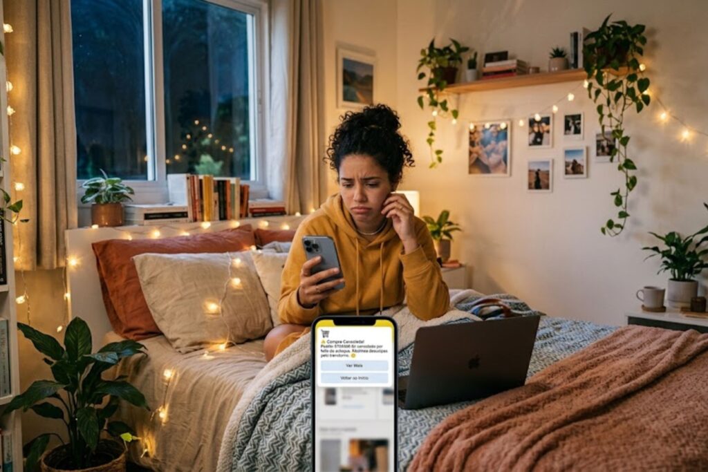 Consumidora verifica no celular o cancelamento de uma compra online por falta de estoque
