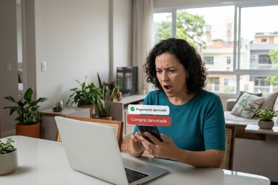 Mulher verifica no celular uma compra online com pagamento aprovado e posterior cancelamento do pedido