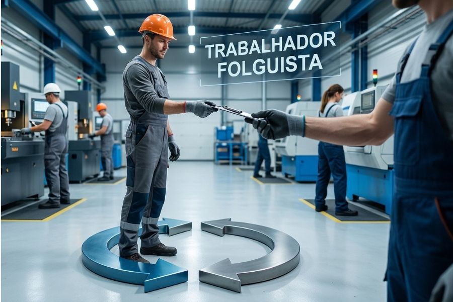 Trabalhador industrial com capacete de proteção e prancha de tarefas em uma fábrica, simbolizando a substituição e a escala de um trabalhador folguista.