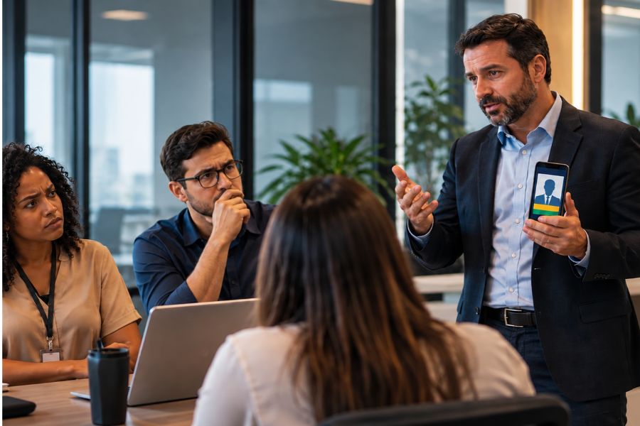 Gestor conversa com empregados durante reunião empresarial, representando situação de possível assédio eleitoral no trabalho nas Eleições 2026.