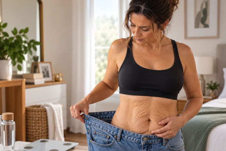 Mulher após grande perda de peso usando calça jeans larga e mostrando excesso de pele no abdômen