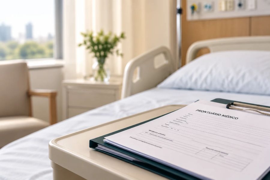 Prontuário médico sobre mesa em quarto de hospital, representando o direito do paciente ao acesso e à cópia dos registros médicos.