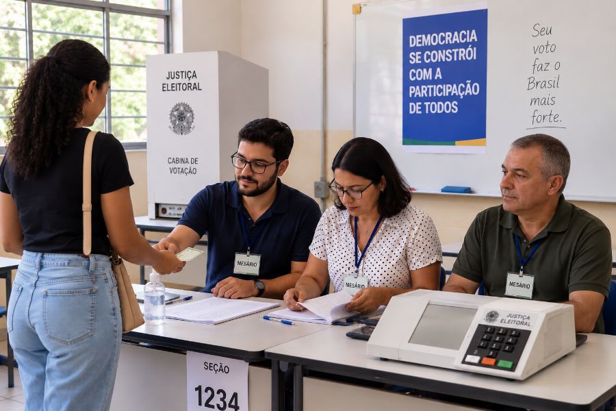 Três mesários trabalham em uma seção eleitoral brasileira durante as Eleições 2026, enquanto uma eleitora apresenta seu documento diante da urna eletrônica.