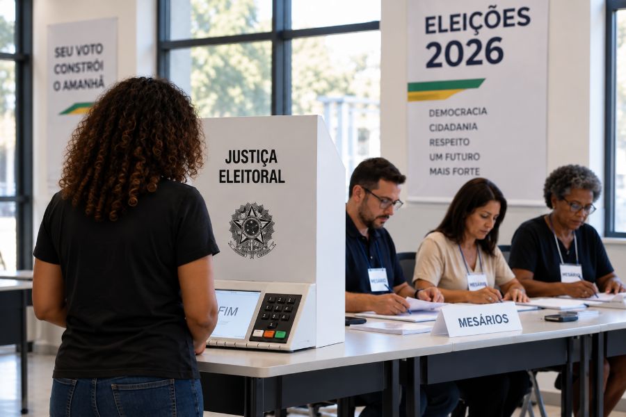 Empregados atuando como mesários em seção eleitoral durante as Eleições 2026, representando as folgas devidas ao empregado convocado pela Justiça Eleitoral.