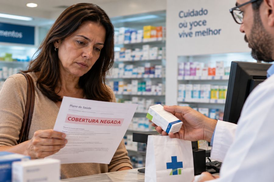 Paciente retira medicamento em farmácia após negativa de cobertura pelo plano de saúde.