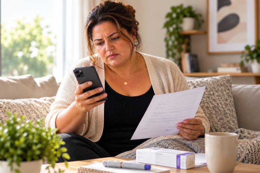 Paciente com prescrição médica consulta o celular após negativa do plano de saúde para tratamento com Mounjaro.