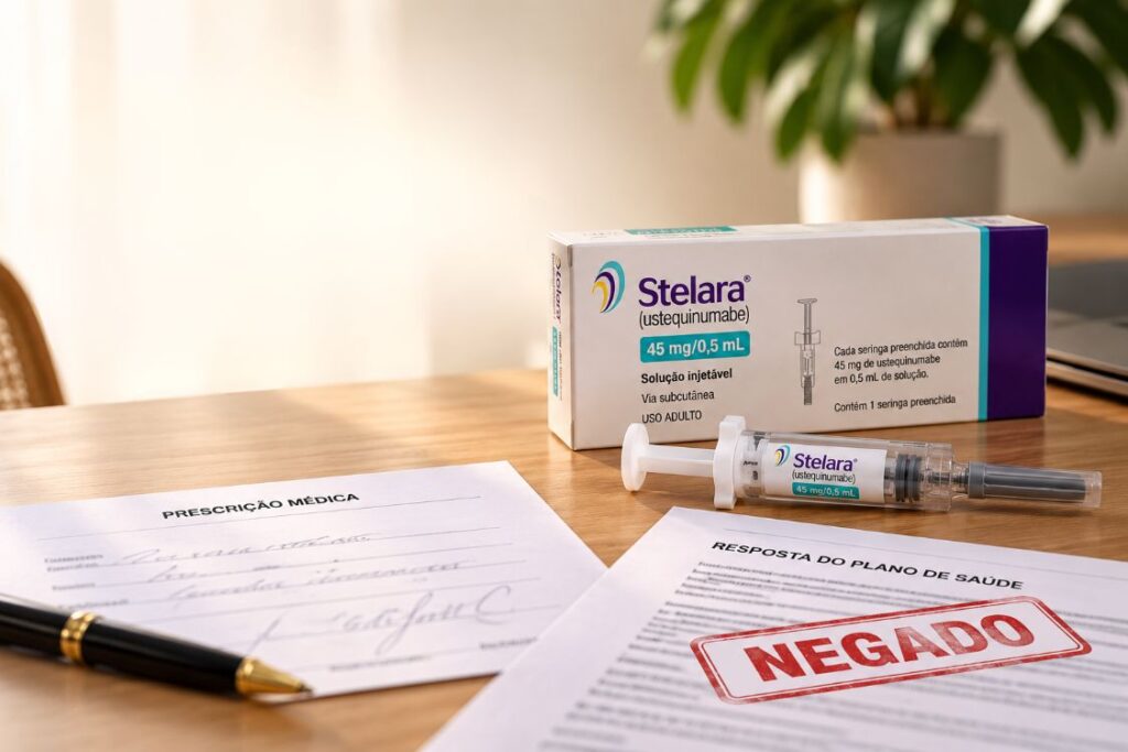 Stelara para doença de Crohn ao lado de documento de plano de saúde com negativa do tratamento