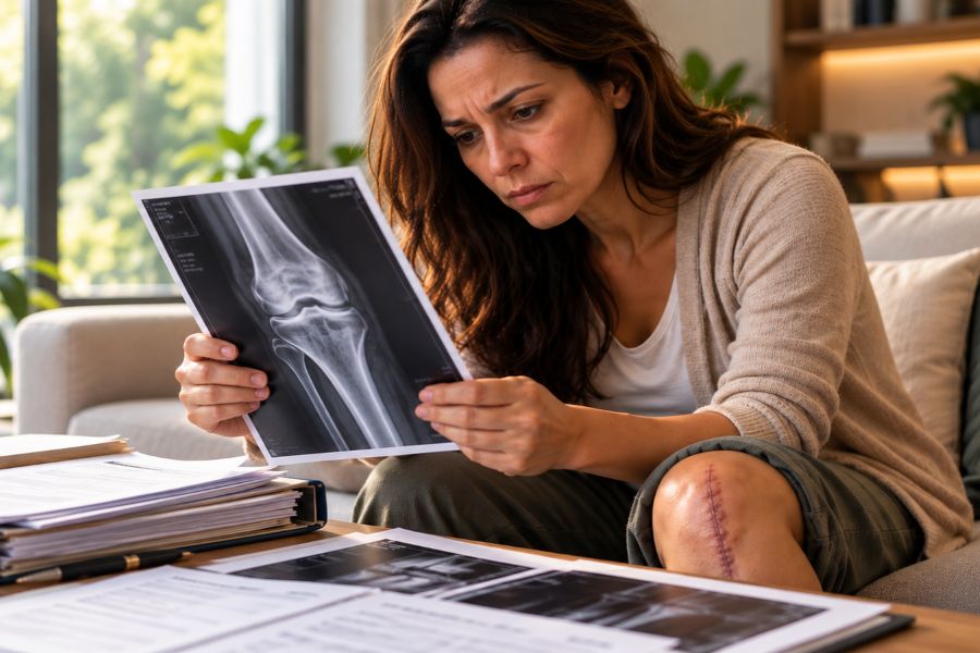 Paciente com sequela após cirurgia analisa raio-X e prontuário diante de suspeita de erro médico.