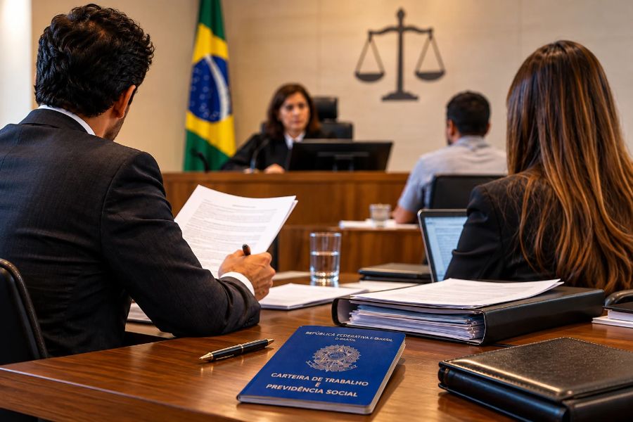 Advogados analisam processo trabalhista em audiência sobre pedido de justiça gratuita de ex-empregado.