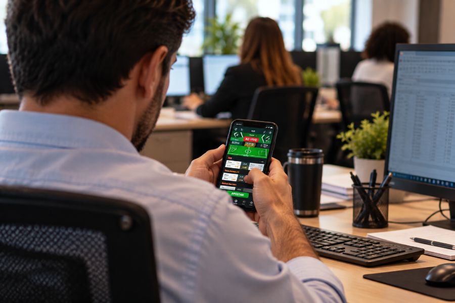 Empregado fazendo apostas online pelo celular durante o expediente em ambiente de trabalho.