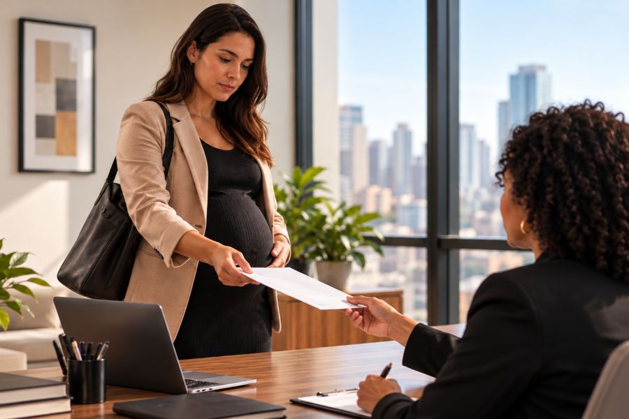 Empregada gestante entrega pedido de demissão ao RH da empresa.