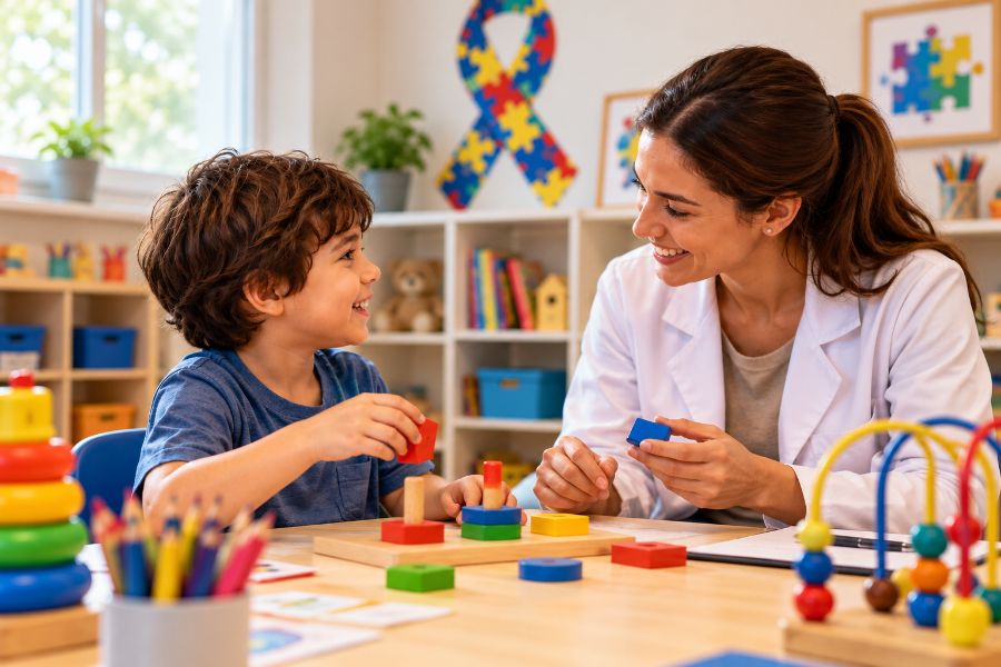 Criança com autismo em sessão de terapia acompanhada por profissional