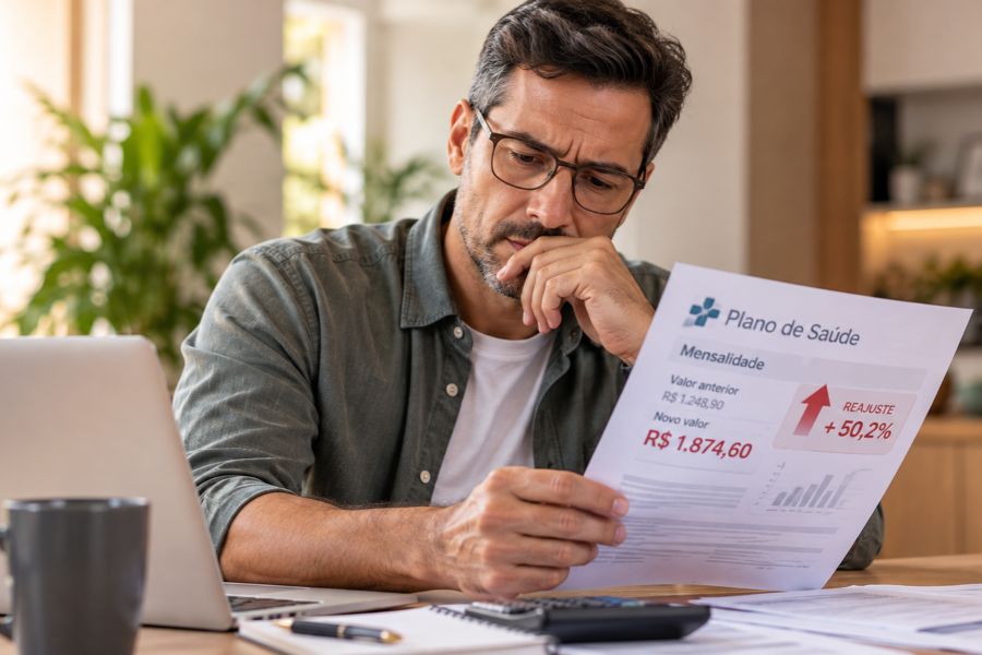Homem analisando aumento da mensalidade do plano de saúde após reajuste elevado.